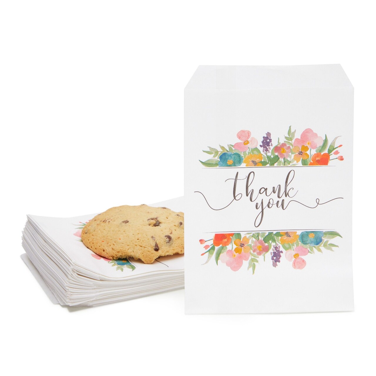 100 Pack Paper Cookie Bags, 5 x 7 Inch for Party Favors, Treats, Candy, Wedding, Individual Bag with Floral Thank You Design, Mini Gift Bags for Snacks, Goodies